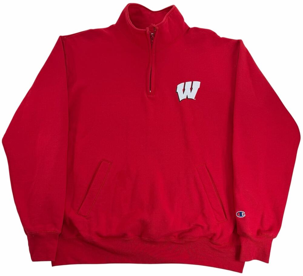 University of Wisconsin Badgers 1/4 Zip Sweater Men's XL Champion Red Sweatshirt